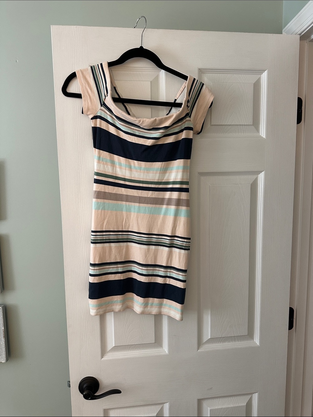 NAF NAF Striped Scoop Neck Mini Dress in Beige, Navy and Mint